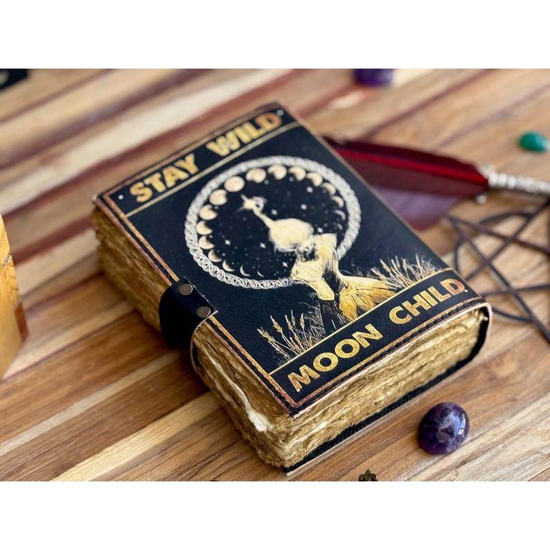 Sonne & Mond Handgefertigtes Lederjournal Büttenpapier, Leeres Zauberbuch der Schatten Grimoire-Journal, Geschenk für ihn Reisebuch