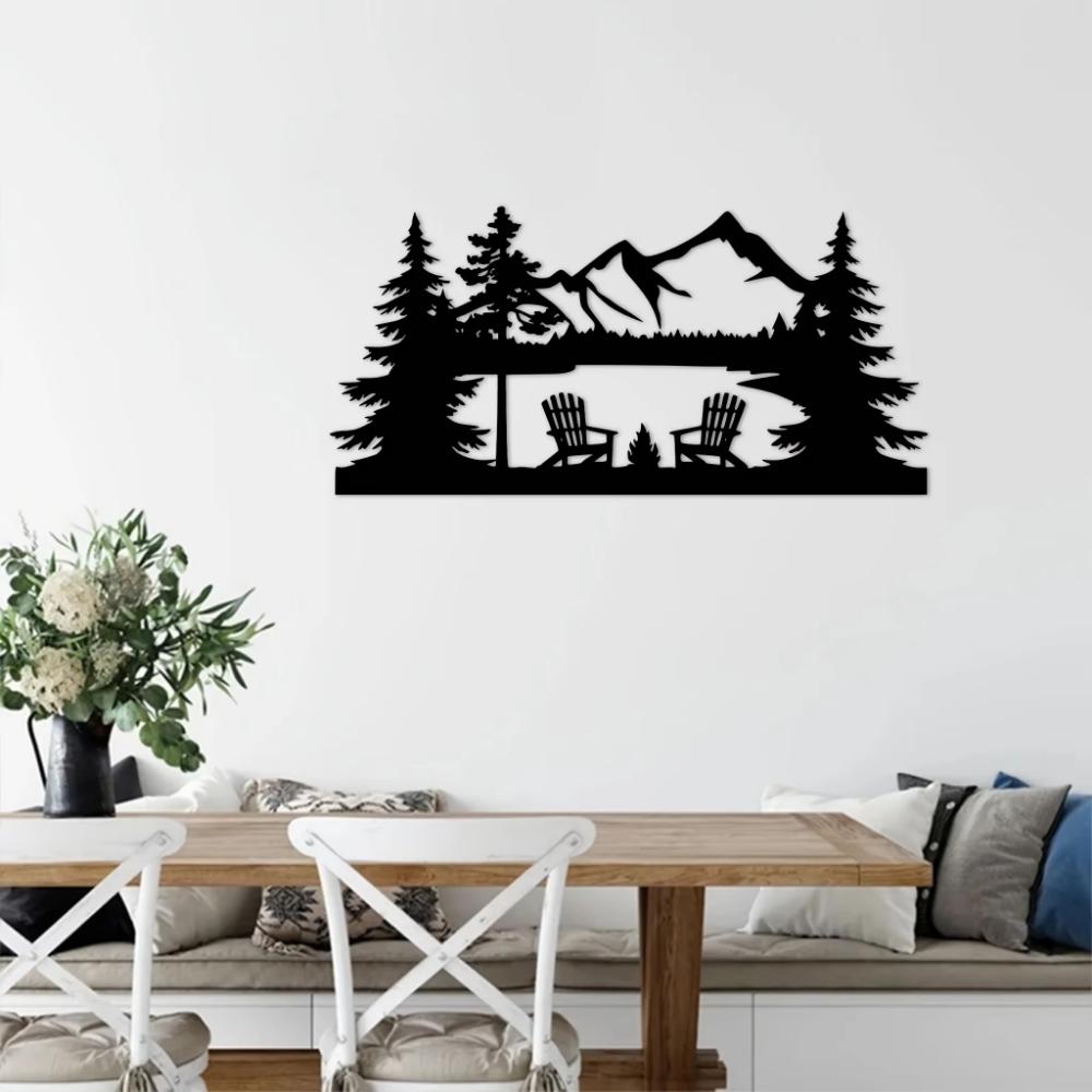 Metallwandkunst mit Seeblick – Einweihungsgeschenk. Wohnkultur. Wanddekoration aus Metall. Bergkunst. Eiserne Silhouette.