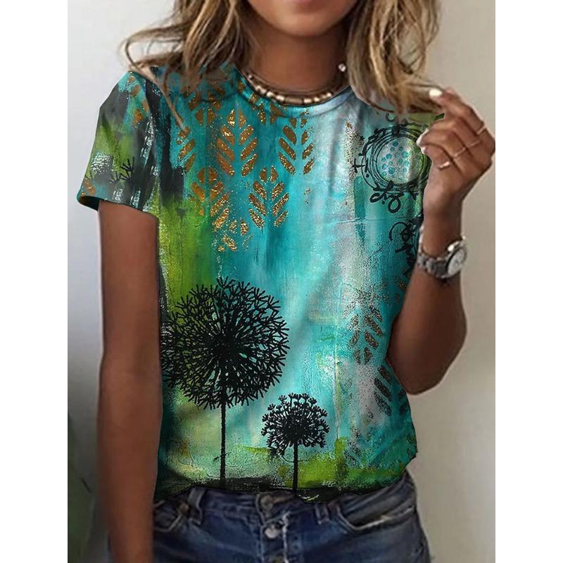 Women's 3D Summer Personalized Fresh Flower Printed Round Neck Flower Painting Short Sleeve T-shirt