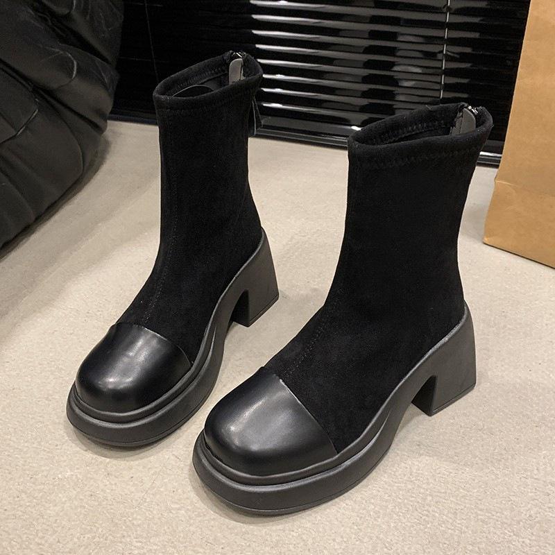 Retro Shoes, Thick-soled New Versatile Women's Ankle Boots, Chunky Heels, Slimming Stretch Boots