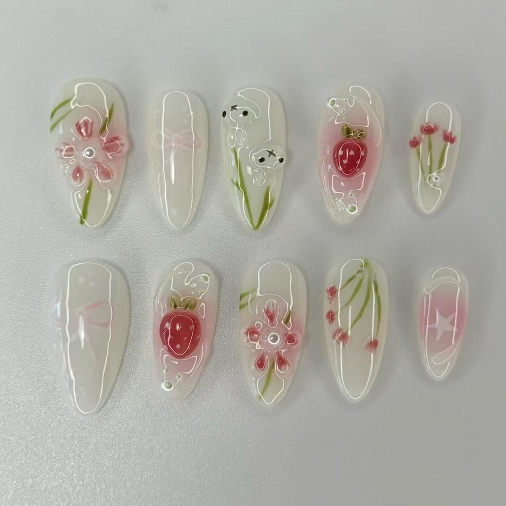 24Pcs Gold Pink Flower Press On Nails Almond Shape Glossy Fake Nails With Pearl Decor Autumn Ballet False Nail Tips