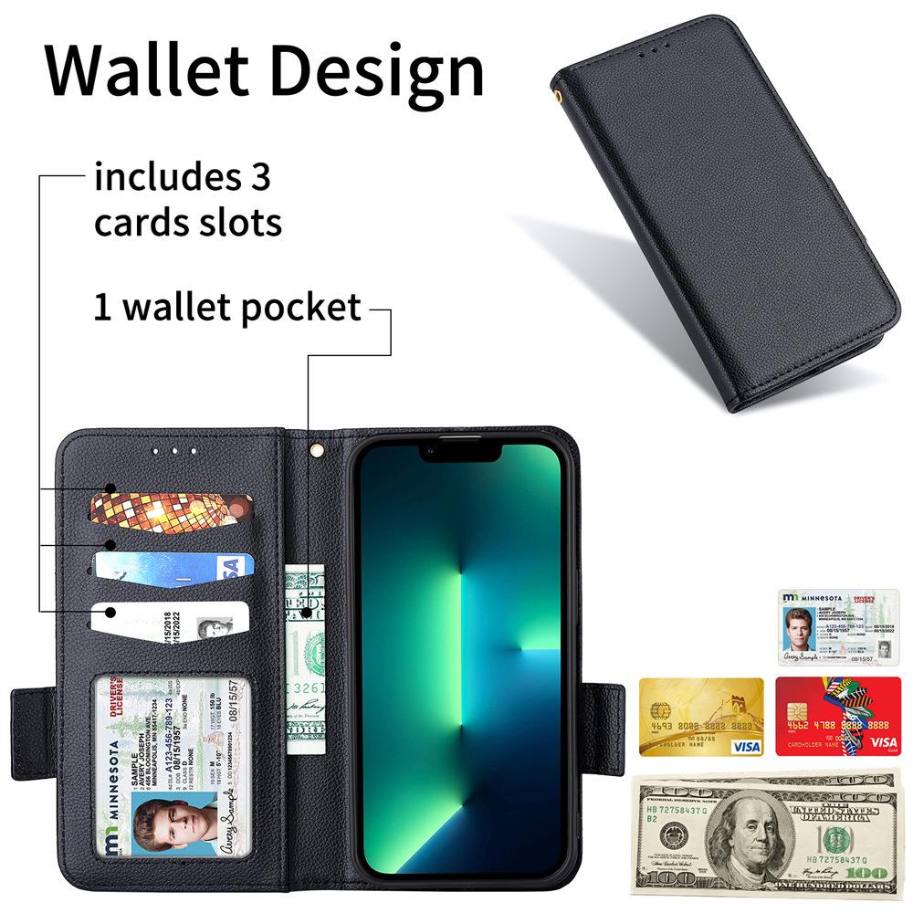 Compatible Leather Flip Case with Card Slot & Lanyard for VIVO Y38/Y58/Y200i 5G; Lychee Grain Design.