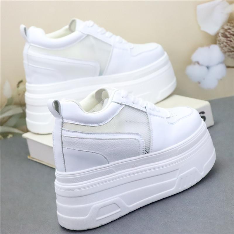 Mode 10CM 12CM Maille Aérée Cuir Microfibre Bottines Cheville Marque Haute Bottines Confortables Mode Été Baskets Compensées Chaussures à Lacets Femmes