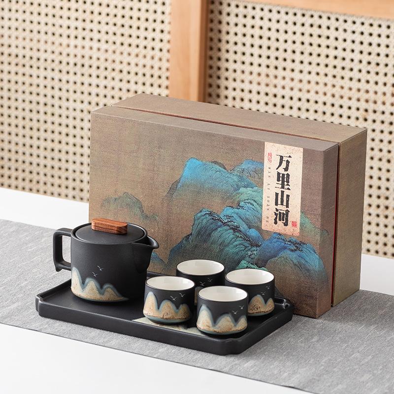 Hand painted distant mountain lifting beam teapot kung fu tea set teacup tea tray gift box hardcover high-end business souvenir