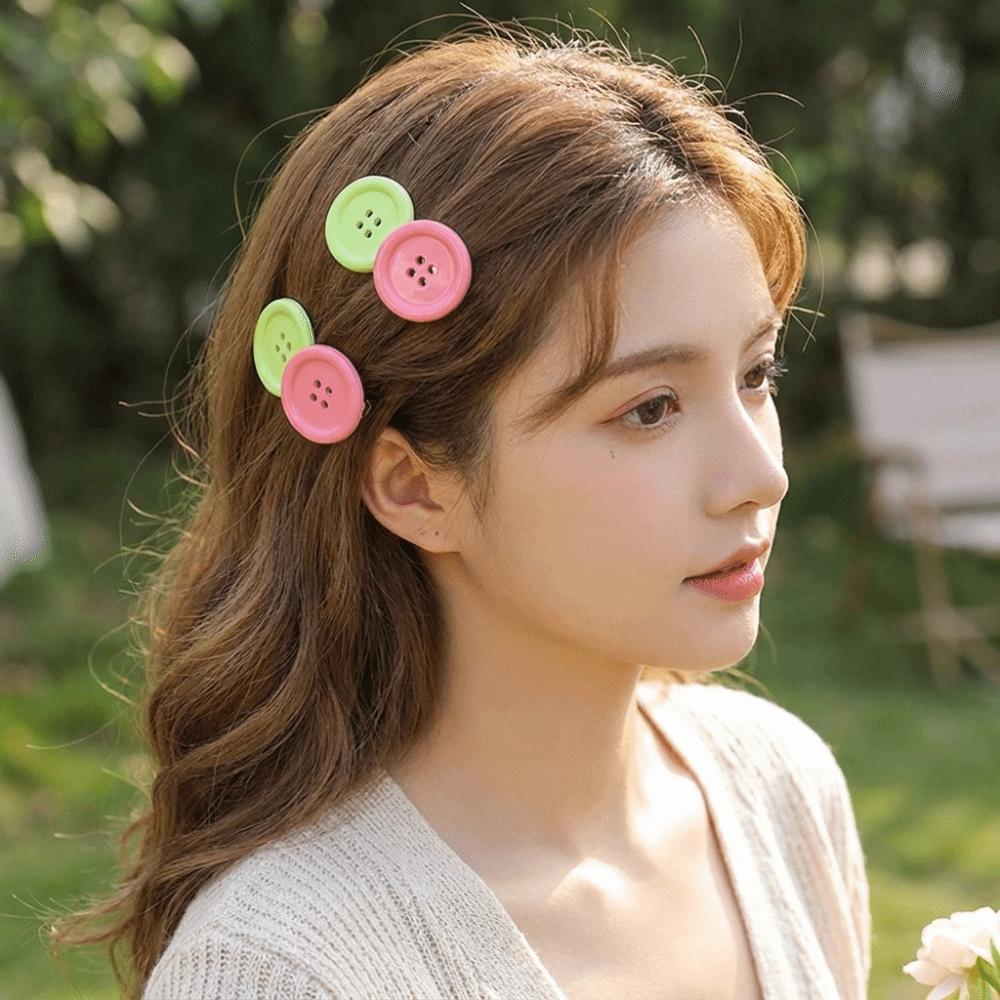 2pcs Sweet Candy Color Hair Clip Non-Slip Cute Barrettes Lovely Button Shape Hairpins Broken Hair
