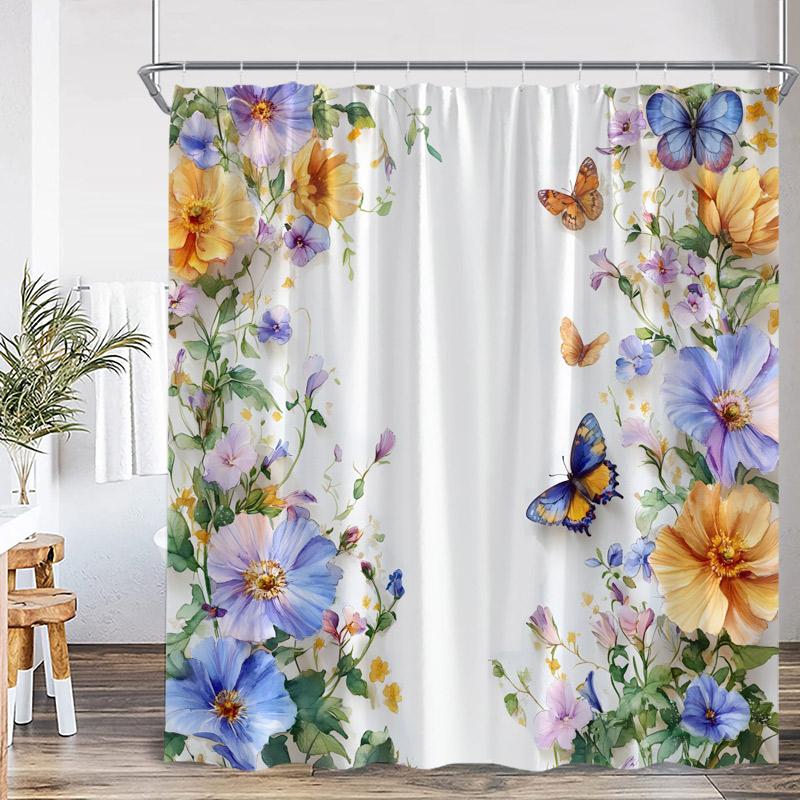 Tende da Doccia Floreali con Farfalle ad Acquerello Giallo Viola Fiore Pianta Verde Farfalla Minimalista Decorazione Bagno Tenda da Bagno