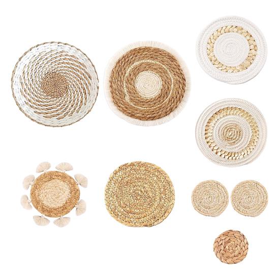 7/9 st/set Boho Väggkorg Dekoration Handgjord Vävd Rund Platt Vägghängande Dekor Bohemisk Dekorativ Rustik Rotting Sjögräs Korgpil Väggkonst