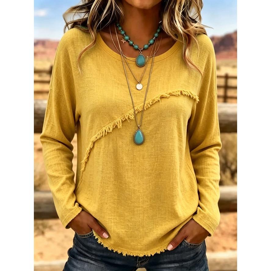 VEZFAA Women's Fashion Casual Spring Autumn Solid Color Print Long Sleeve O-Neck Blouses & Shirts