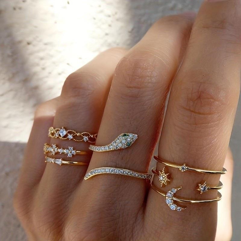 iF ME Retro Zirkon Ring Set Månen Hjärta Blomma Guld Silver Ringar för kvinnor Smycken Tillbehör