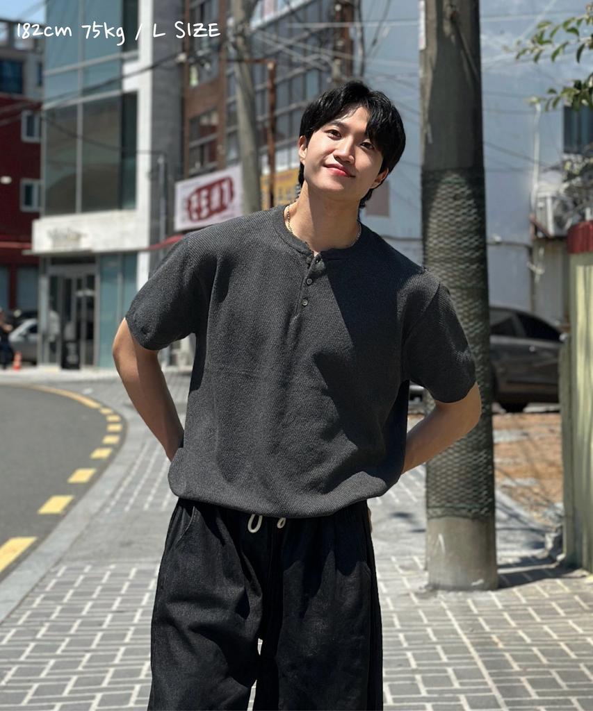 CUZNELLO Cool Cotton Henley Neck Short Sleeve Knit_Charcoal