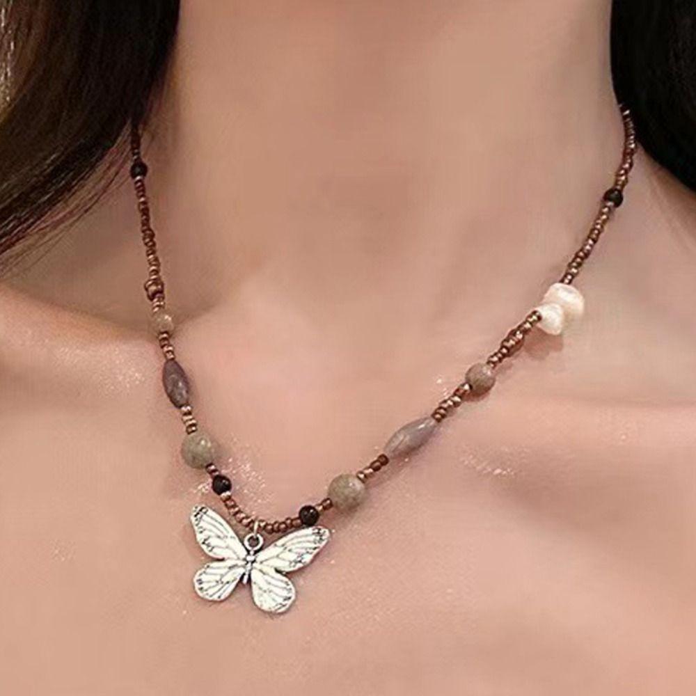 Wood Crystal Metal New Chinese Necklace Jewelry Retro Butterfly Pendant Gifts Vintage Black Rope for Punk Collier Hippie Unisex