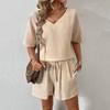 2Pcs/Set Women Casual Outfit V-Neck Short Sleeve T-shirt Elastic Waist Drawstring Wide Leg Shorts Set Color Wrinkle Fabric Outfit