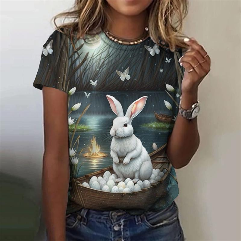 Leuk T-shirt met Konijnenpatroon voor Dames Grappig Dier 3D Geprinte T-shirts Zomer Casual Ronde Hals Tops Korte Mouwen Losse T-shirts