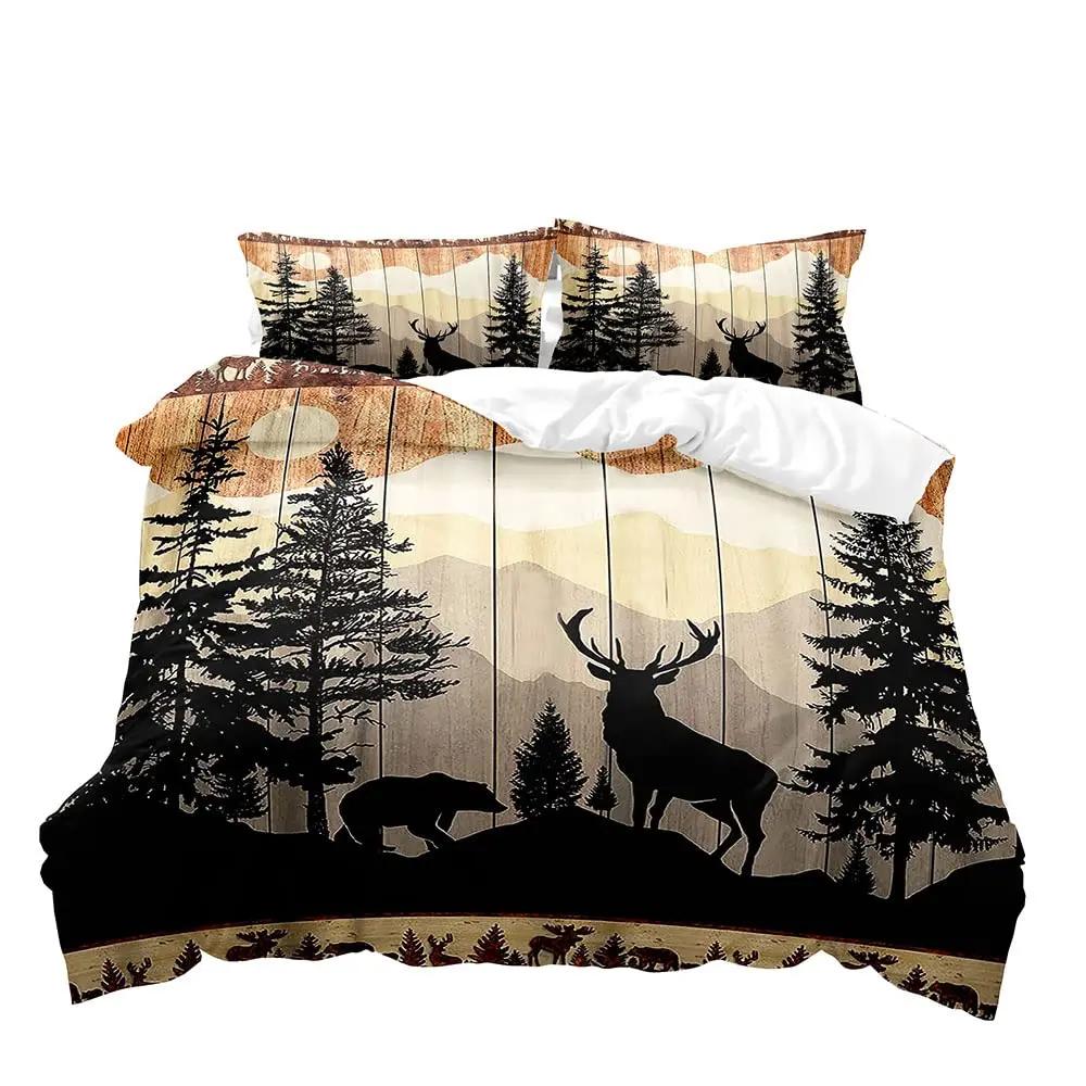 Farmhouse Beding Sets Der Elk Mose Mountain Wodlplus Animals Soft with Soft Fabric Duvet Cover, Rustic Bedrom Decor, 2 Pilowcases Bedrom Decor