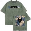 Vintage Schwarz Gewaschen Katze Floral T-Shirt Doppelseitiger Druck Streetwear Lässiges T-Shirt