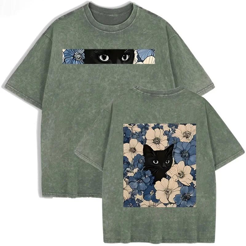 Vintage Schwarz Gewaschen Katze Floral T-Shirt Doppelseitiger Druck Streetwear Lässiges T-Shirt