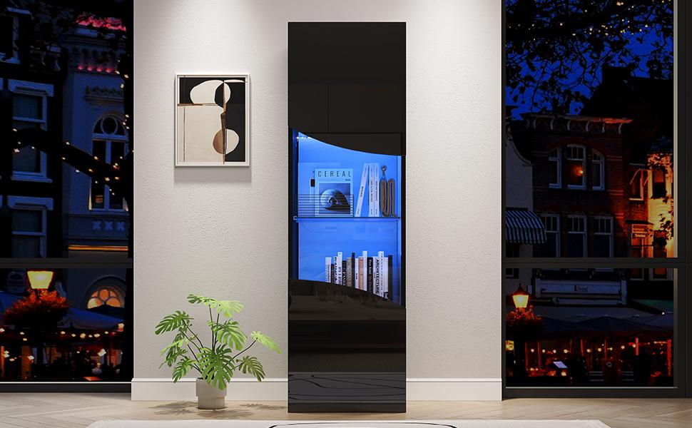 35*50*165cm Living Room Display Cabinet, High-Gloss (Doors), Tall, Large Storage Space and LED Lighting, Concave Arched Wave Surface Design, Black