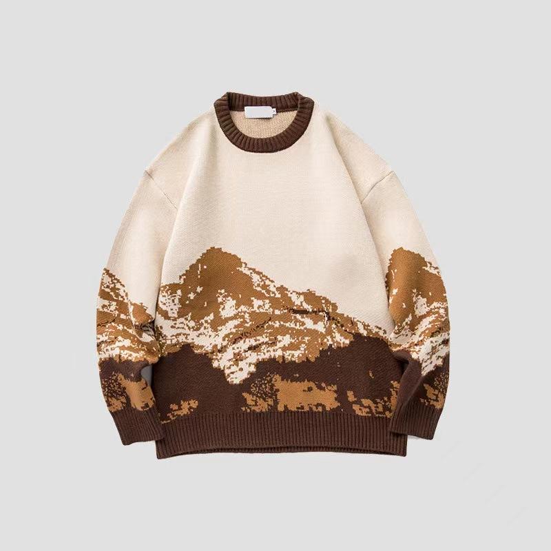 Autumn And Winter Tie-dye Snow Mountain Trendy Brand Round Neck Sweater Men's Loose Sweater College Long-sleeved Sweater For Men