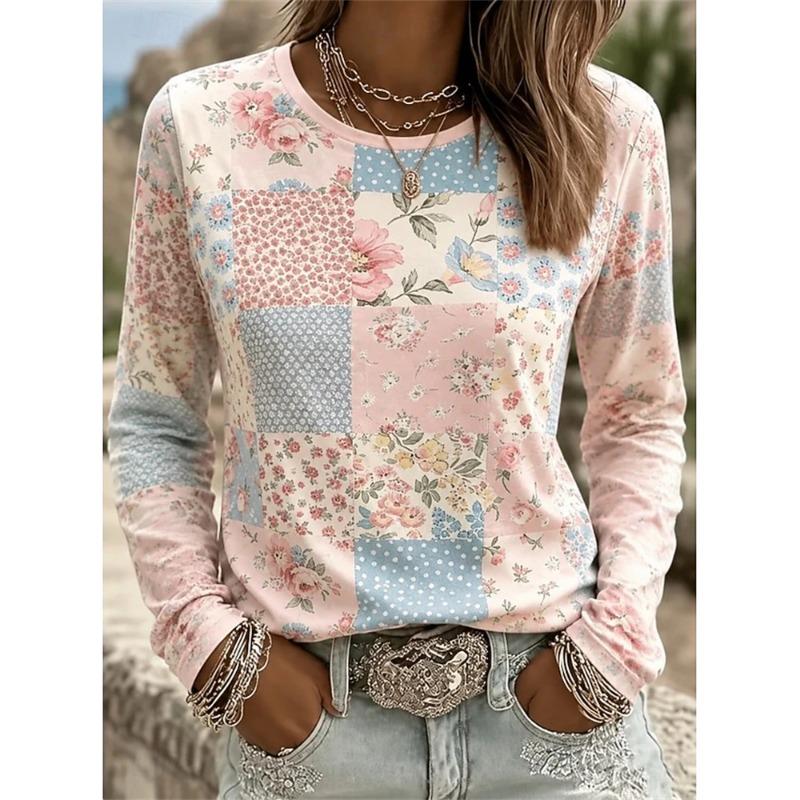 2026 Autumn New Women's Long-Sleeved Round Neck Casual T-Shirt with Colorful Floral Print Plant Elements Outdoor Chic Top