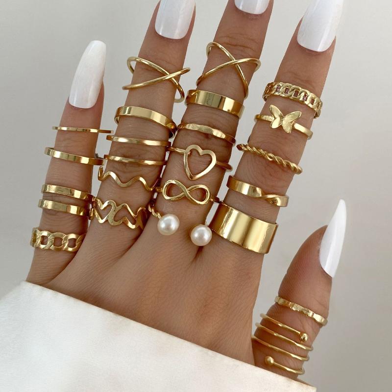 Vintage Gold Color Heart Rings Set For Women Men Fashion Hollow Star Pearl Crystal Geometric Rings Trendy Finger Jewelry Gifts
