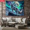 Howling Wolf Under Moonlight Aurora Tapestry Wildlife Art Wall Hanging Nordic Theme Bedroom Living Room Decor Animal Poster