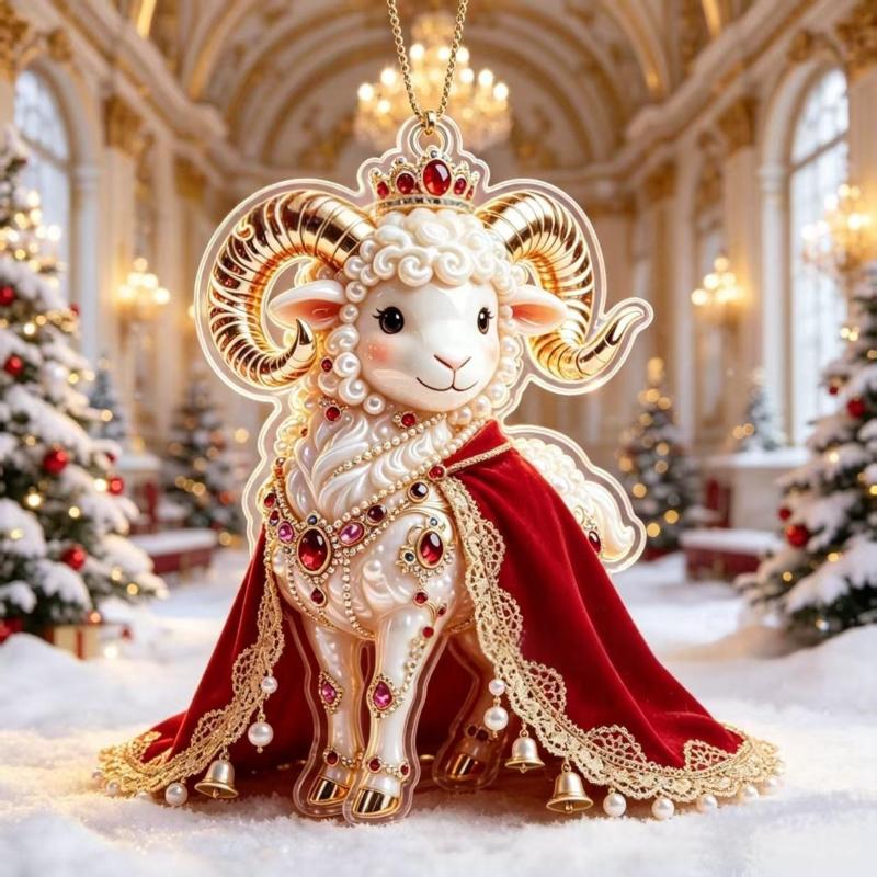 Auspicious Red Gold Chinese Zodiac Goat Hanging Ornament 2D Acrylic Art for Lunar New Year Car Home Decoration Gift