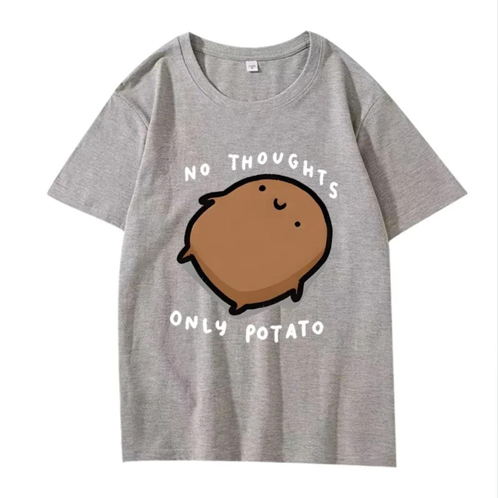 Sevimli Patates Grafikli "Düşünce Yok Sadece Patates" Baskılı Tişört erkek kadın Oversize %100 üst kısa kollu Yazlık Unisex üstler