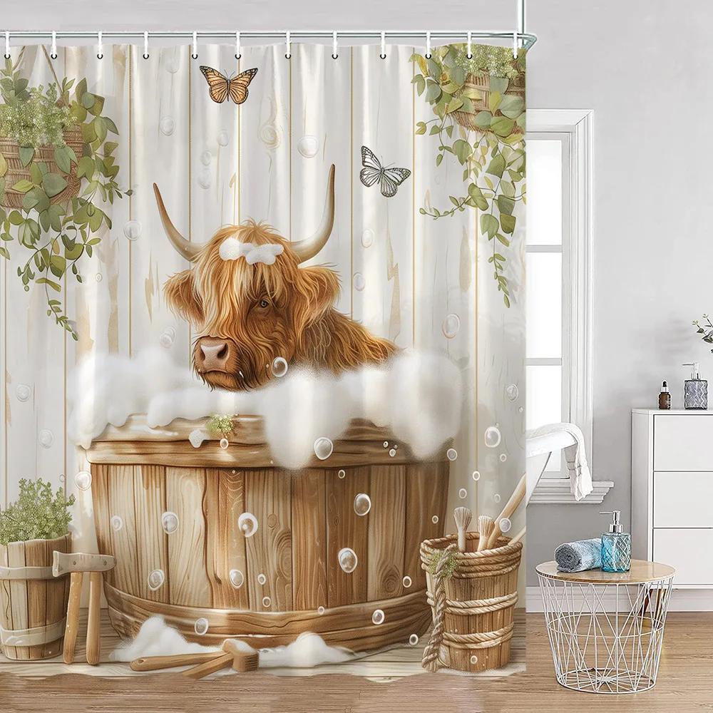 Funny Bathing Animals Shower Curtains Highland Cattles Cow Battub Printing Bathroom Decorations Cartoon Polyester Bath Curtain