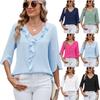 Chiffon Mid Sleeve Blouses V-neck Pleated Ruffled Loose Fitting Women's Top