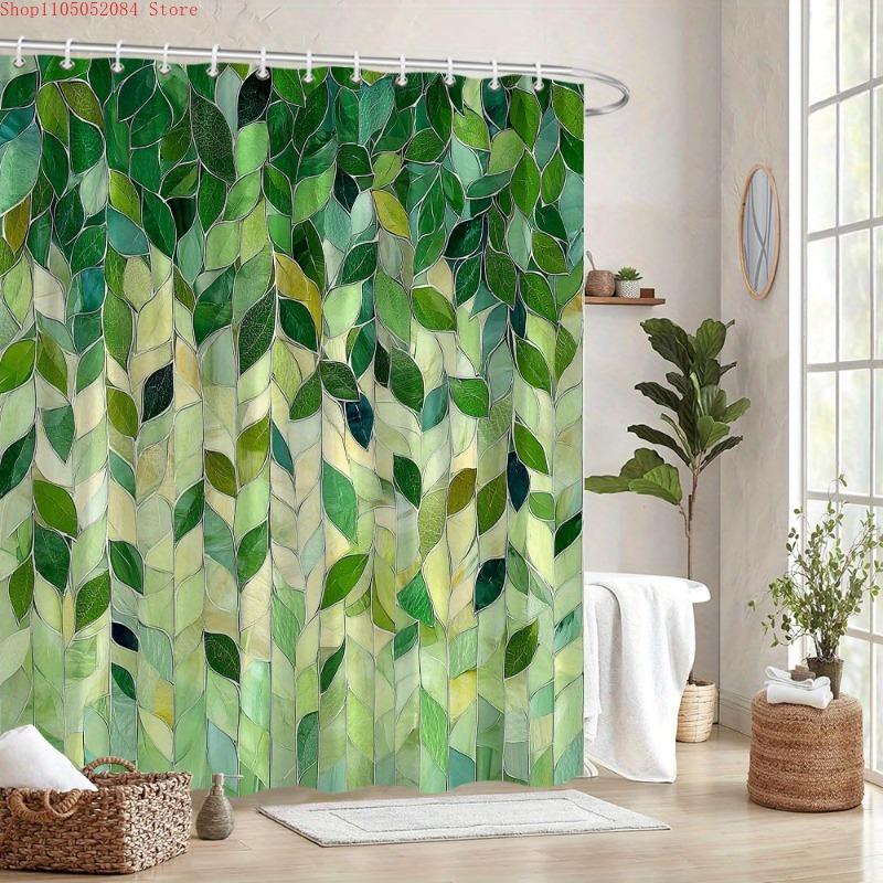 1Pc Abstract Green Leaves Shower Curtain Vertical Mosaic - With Hooks Waterproof Mildew Proof Easy Install Washable