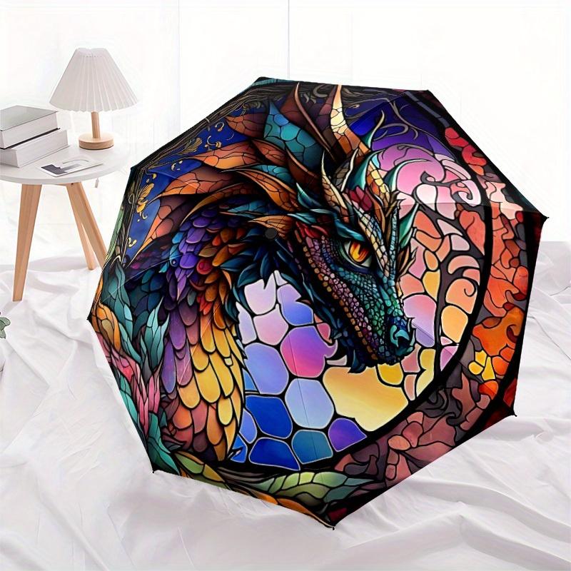 1pc Stained Glass Dragon Compact Travel Umbrella, Automatic Folding Lightweight Windproof 8-Bone Reinforced Design, Portable for Backpack Du