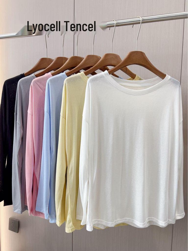 Women's Lyocell Tencel Long Sleeve Round Neck Loose Knit Sunscreen Cover-Up Top