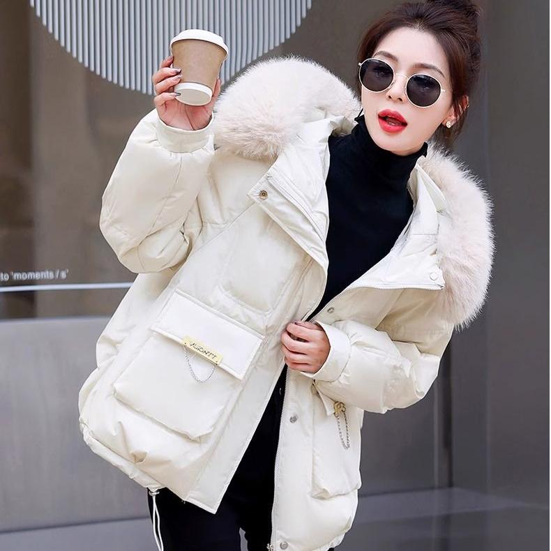 Veste courte en coton ample à la mode avec grand col en fourrure détachable pour femmes