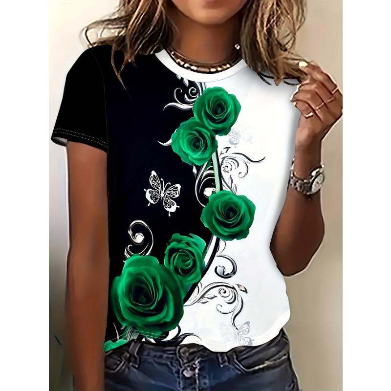 Women's Fashion T Shirt Oil Floral Pattern Fashion Short Sleeve Round Neck Short Sleeve T Shirt Top Casual Short Sleeve T Shirt