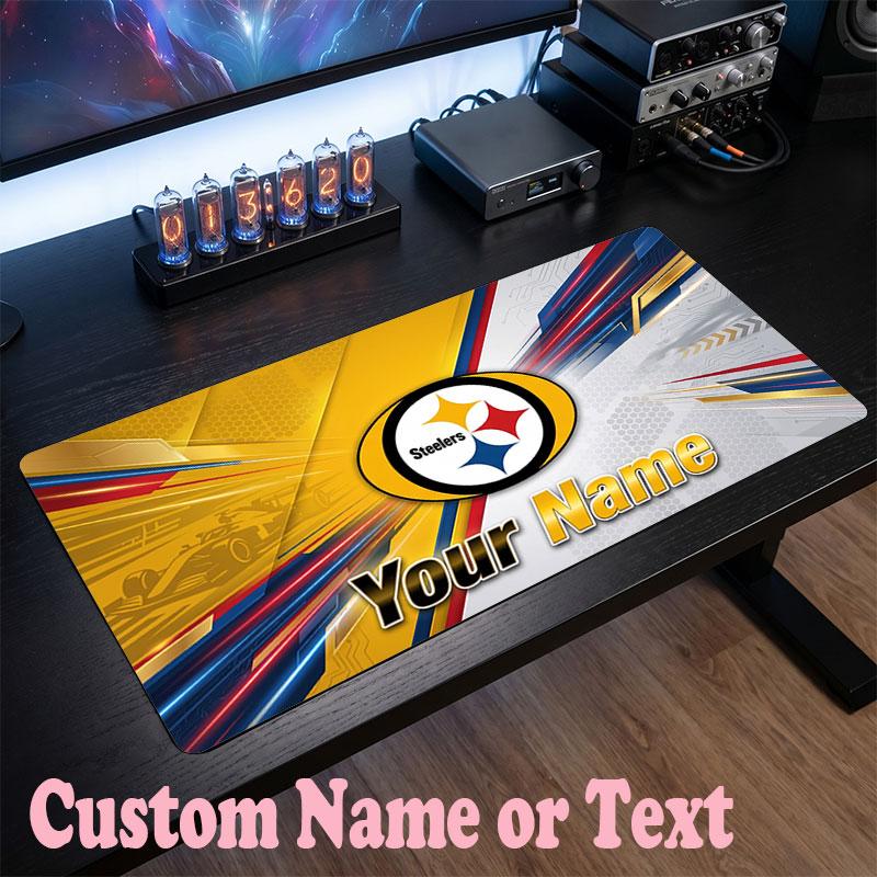 Tapis de souris personnalisé Pittsburgh Steelers avec texte de nom, Grand tapis de souris de bureau Cadeau personnalisé pour bureau à domicile