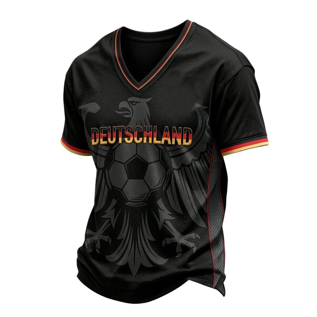 Klassisches V-Ausschnitt-T-Shirt für Herren mit kurzen Ärmeln, Football-Grafik und Deutschland-Print, geeignet für Freizeitkleidung und sportliche Aktivitäten