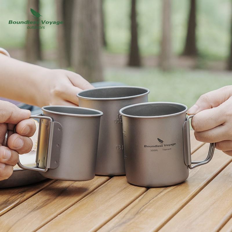 Pure Titanium Camping Cup With Foldable Handle Lid Portable Outdoor Water Bottle Hiking Coffee Tea Boiling