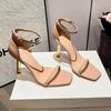 2025 New Summer Fashion Square Head Sexy Narrow Band Open Toe Brand Luxury Design Women's High-heeled Sandals Heels