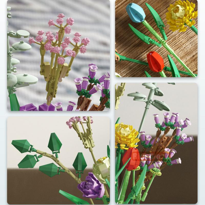 Technical Ideas Flowers Bouquet Building Blocks Moc Romantic Rose Flower Bricks Home Decoration DIY Toys for Girl Birthday Gift