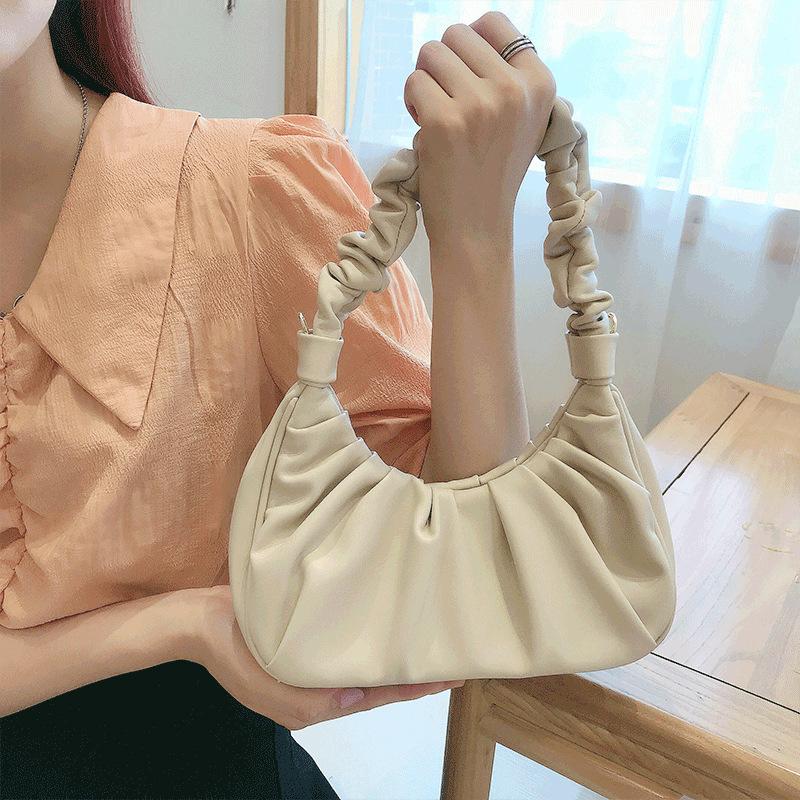 Small-flavored Bag for Women Latest Design Basic Colour Single Shoulder Strap Magnetic Buckle Pleated Armpit Dumpling Cloud Bag Handbag