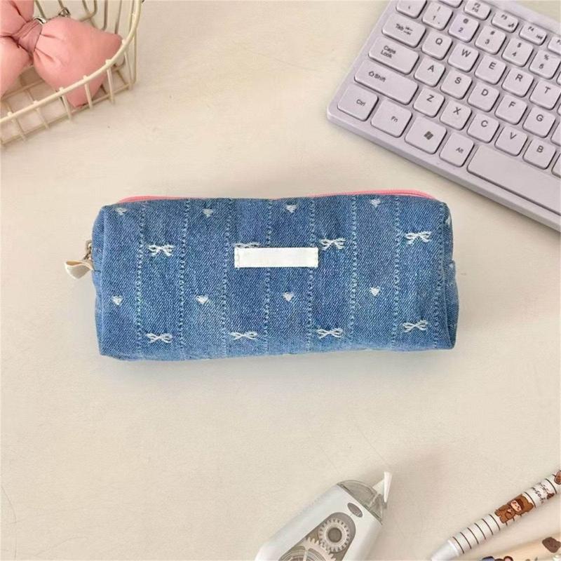 Multifunctional Pencil Bag Large Capacity Jeans Pencil Case Bowknot Pen Pouches Travel Makeup Bag for Office School