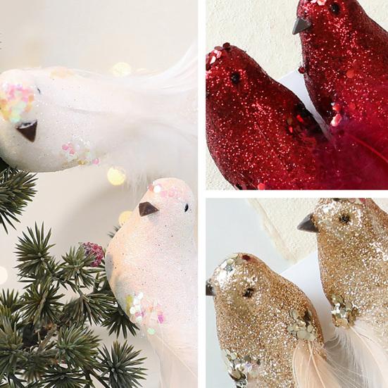 2 Pcs Artificial Simulation Birds Ornament Glitter Feathered Bird Christmas Tree Ornaments Clip Foam Fake Birds for Wreath Garland Crafts Tree Decor