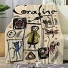 Coraline Style Flannel Throw Blanket - Digital Printed Cartoon Animal Collage, Polyester Knit Four Seasons Comfort Plush Blanket