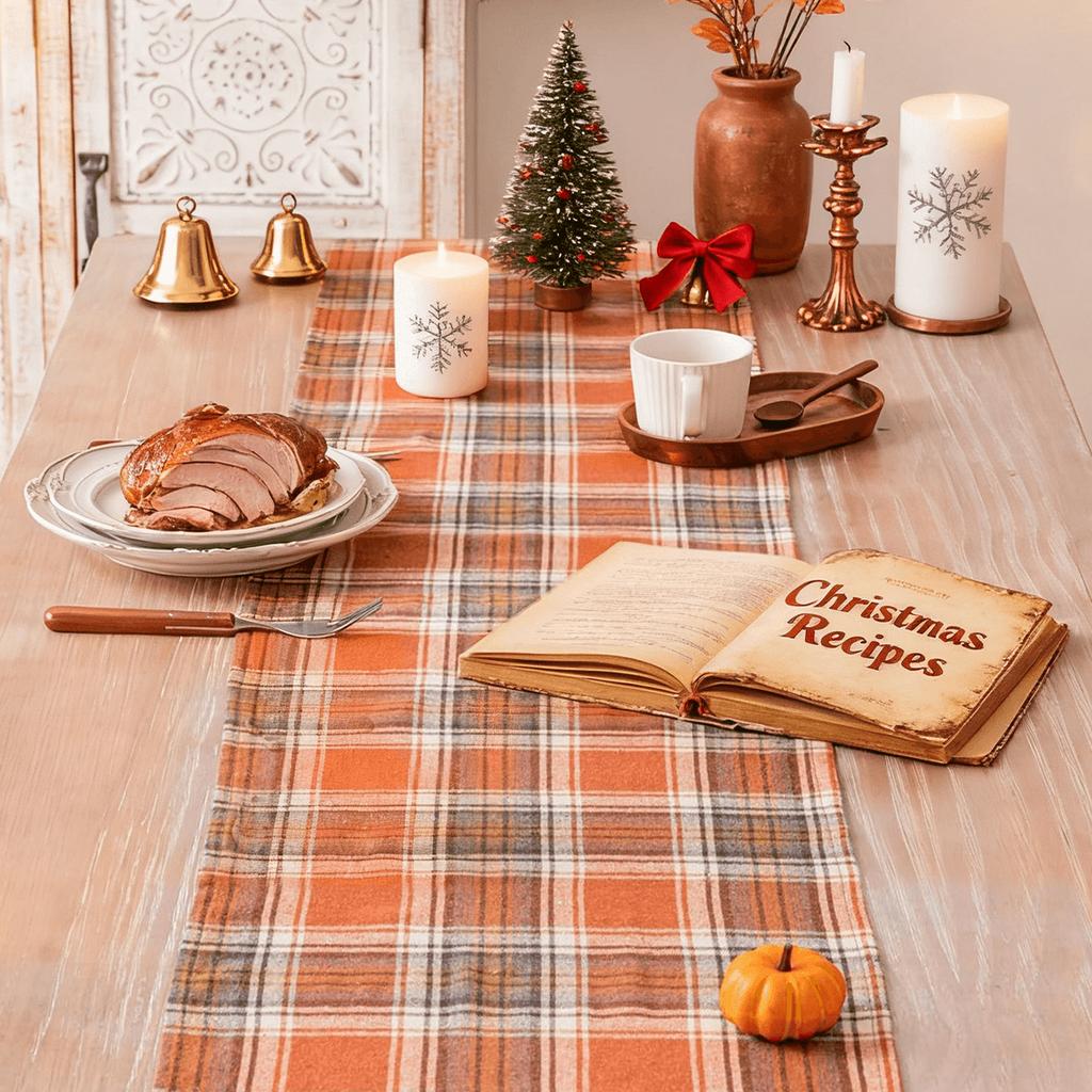 Halloween Autumn And Winter Vintage Orange-Red Plaid Table Runner Suitable For Banquet Parties, Dining Tables, And Everyday Home