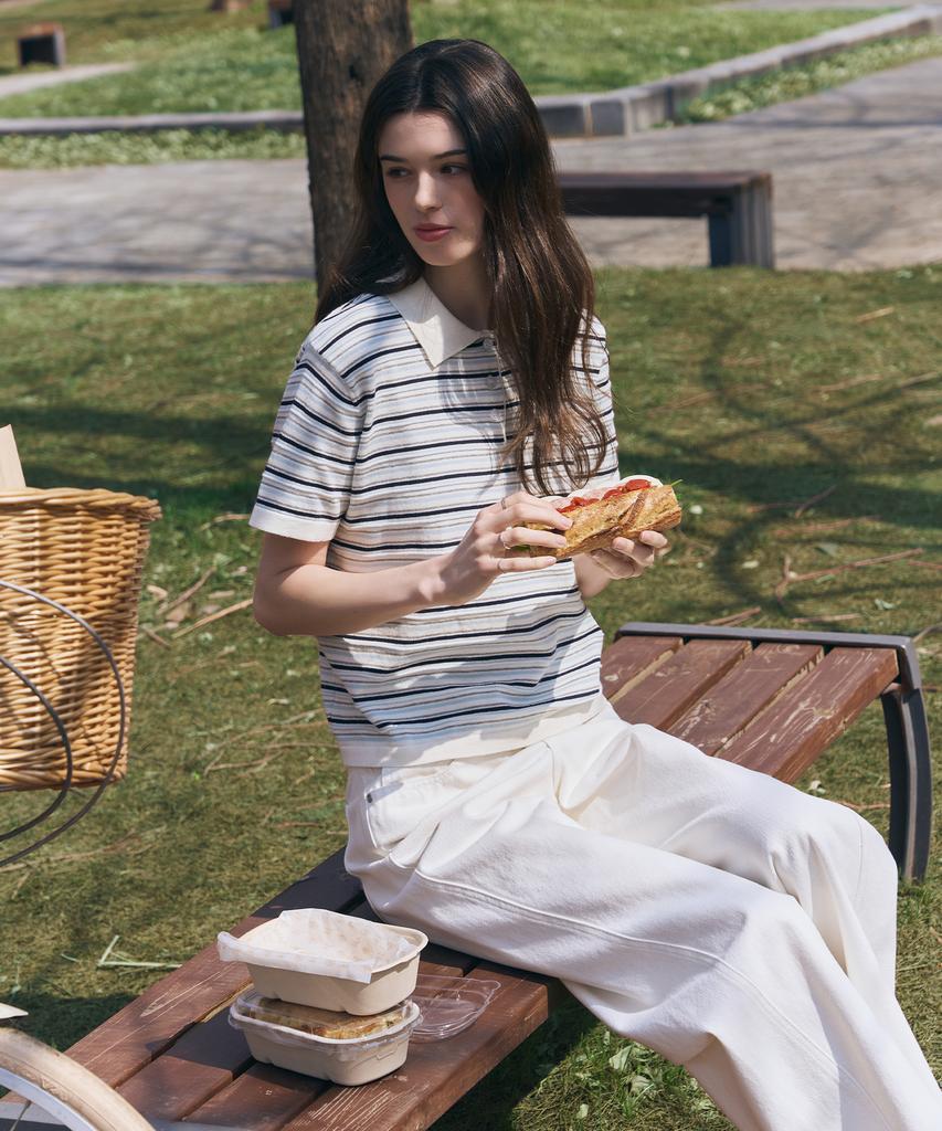 Deuloupisumeon Cotton Striped Short Sleeve Collared Knit [Beige]