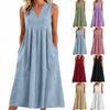 Ladies' Casual Pullover V-neck Sleeveless Cotton And Linen Loose Dress
