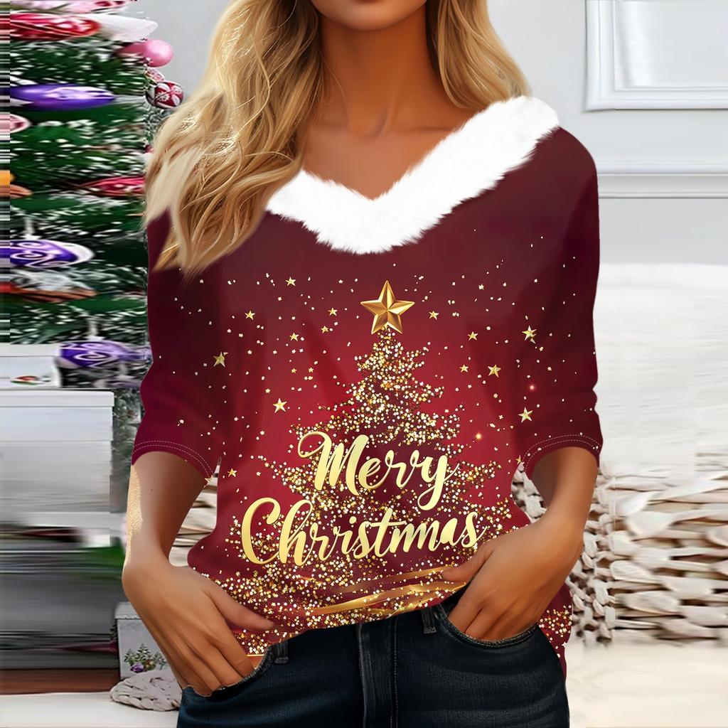 3/4 Sleeve Shirts For Women Christmas Printed Graphic Tees Blouses Casual Plus Size Basic Button Tops Pullover