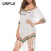 Sommer Damen Aushöhlen Sonnenschutz Urlaub Stil Regenbogen Intercolor Quaste V-Ausschnitt Hand Haken Strand Cover-up