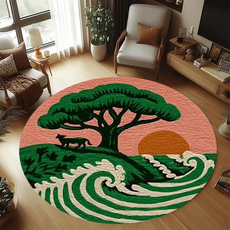 Artistic Nature Inspired Round Carpet with Tree Sun and Wave Patterns for Cozy Boho Home Decor Moderne Home Dekoration