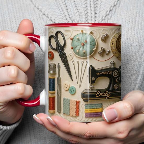 Personalized Sewing Mug Stitched Coffee Cup with Sewing Machine Design Mug for Women Sewers Quilters Crafters Creative Gift for Mom Grandma Holiday